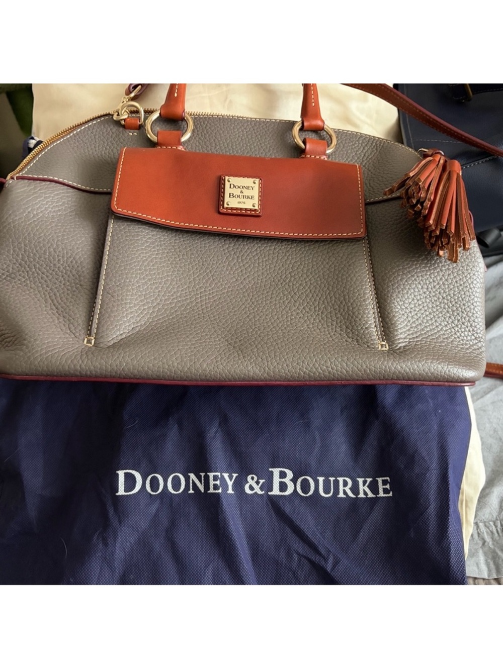 Dooney & Bourke Taupe Pebbled Leather Satchel with Brown Trim